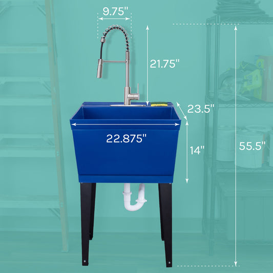 Tehila Standard Freestanding Blue Utility Sink with Stainless Steel Finish High-Arc Coil Pull-Down Faucet