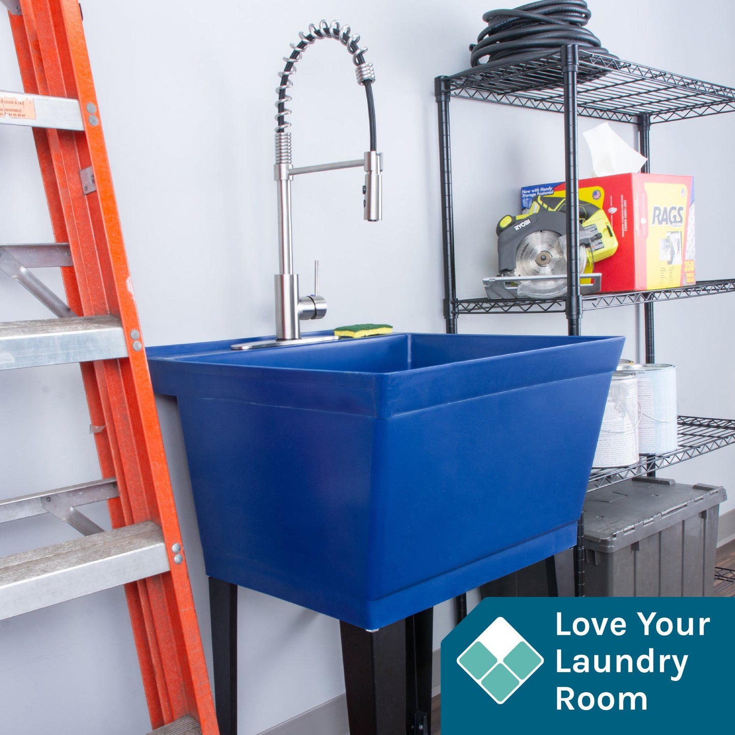 Tehila Standard Freestanding Blue Utility Sink with Stainless Steel Finish High-Arc Coil Pull-Down Faucet