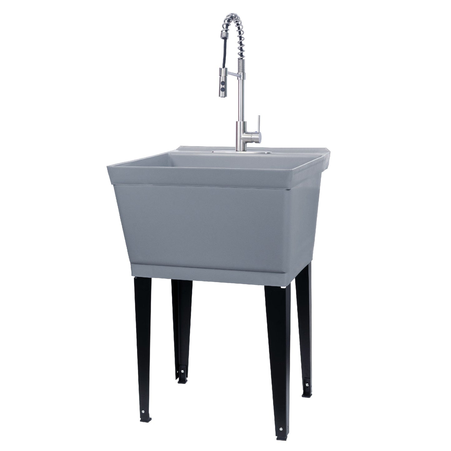 Tehila Standard Freestanding Grey Utility Sink with Stainless Steel Finish High-Arc Coil Pull-Down Faucet