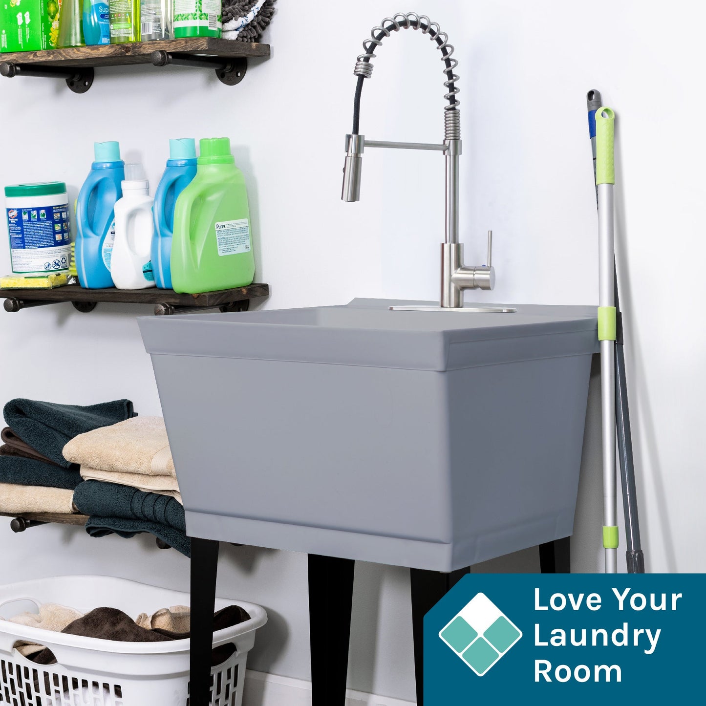 Tehila Standard Freestanding Grey Utility Sink with Stainless Steel Finish High-Arc Coil Pull-Down Faucet