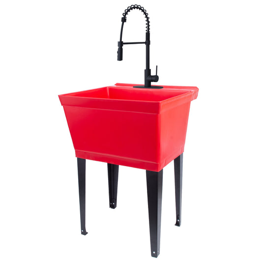 Tehila Standard Freestanding Red Utility Sink with Black Finish High-Arc Coil Pull-Down Faucet
