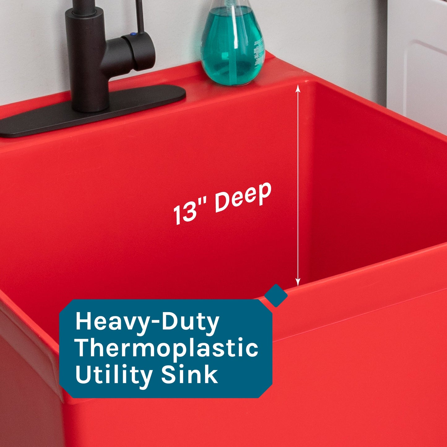 Tehila Standard Freestanding Red Utility Sink with Black Finish High-Arc Coil Pull-Down Faucet