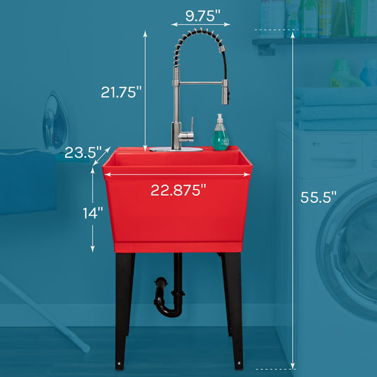Tehila Standard Freestanding Red Utility Sink with Stainless Steel Finish High-Arc Coil Pull-Down Faucet