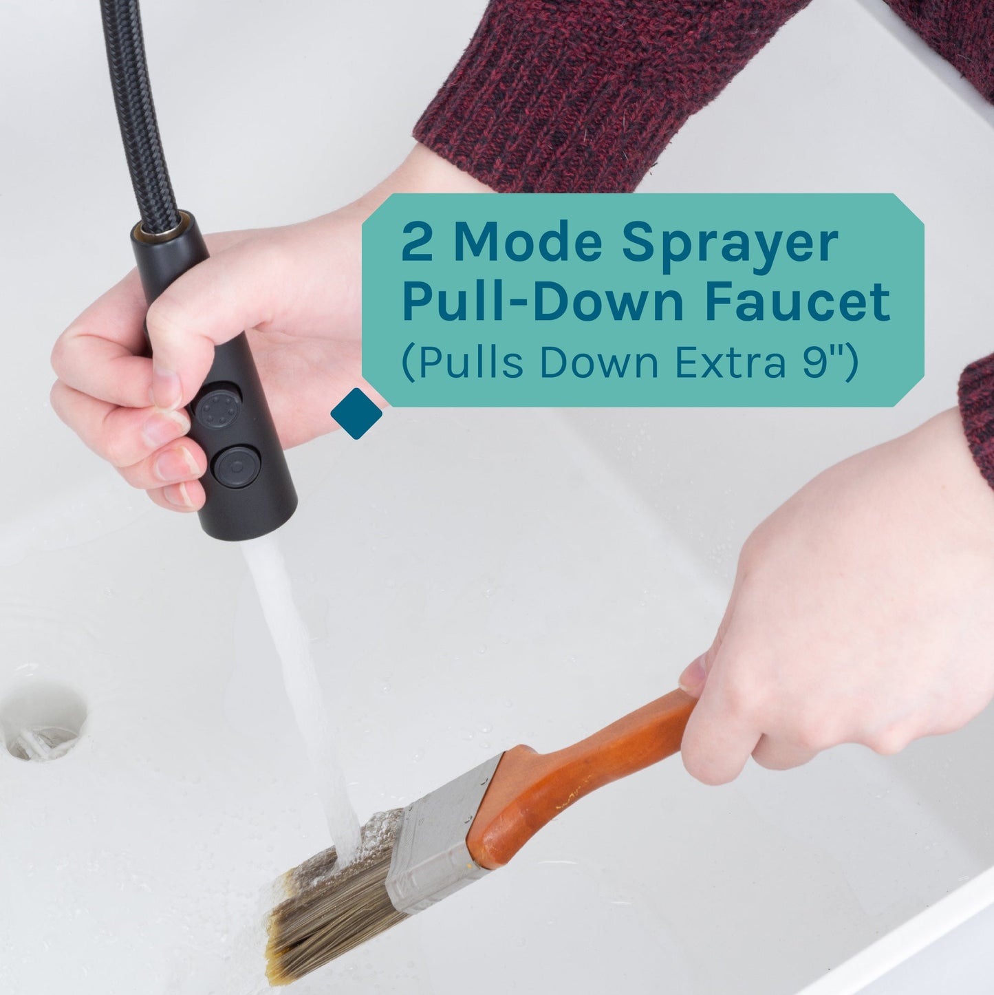 Tehila Standard Freestanding White Utility Sink with Black Finish High-Arc Coil Pull-Down Faucet