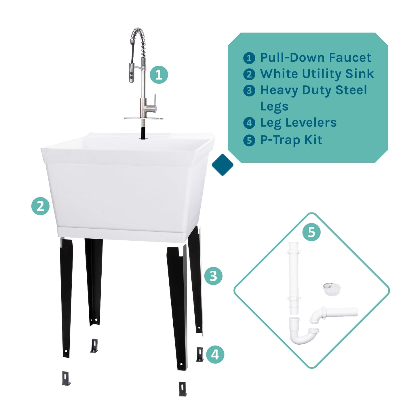 Tehila Standard Freestanding White Utility Sink with Stainless Steel Finish High-Arc Coil Pull-Down Faucet