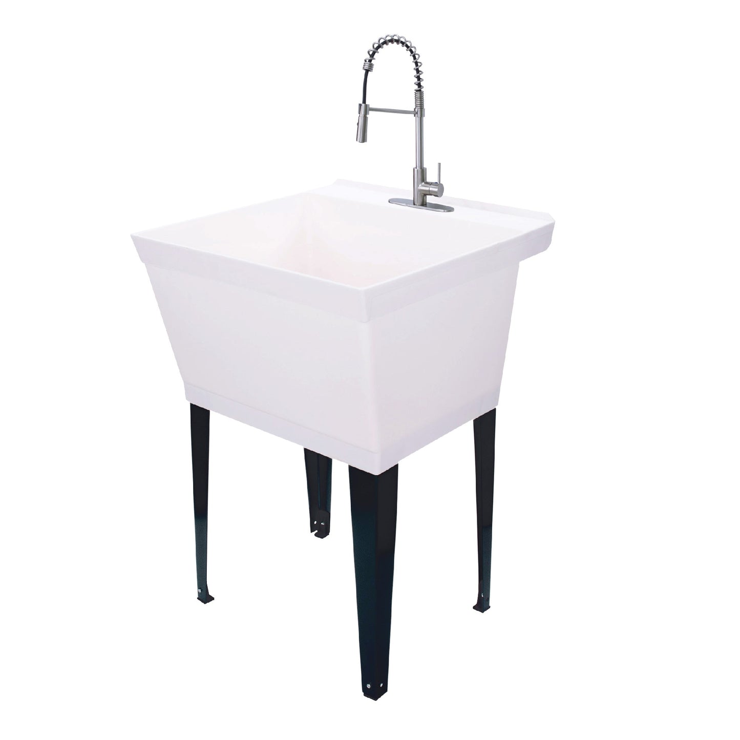 Tehila Standard Freestanding White Utility Sink with Stainless Steel Finish High-Arc Coil Pull-Down Faucet