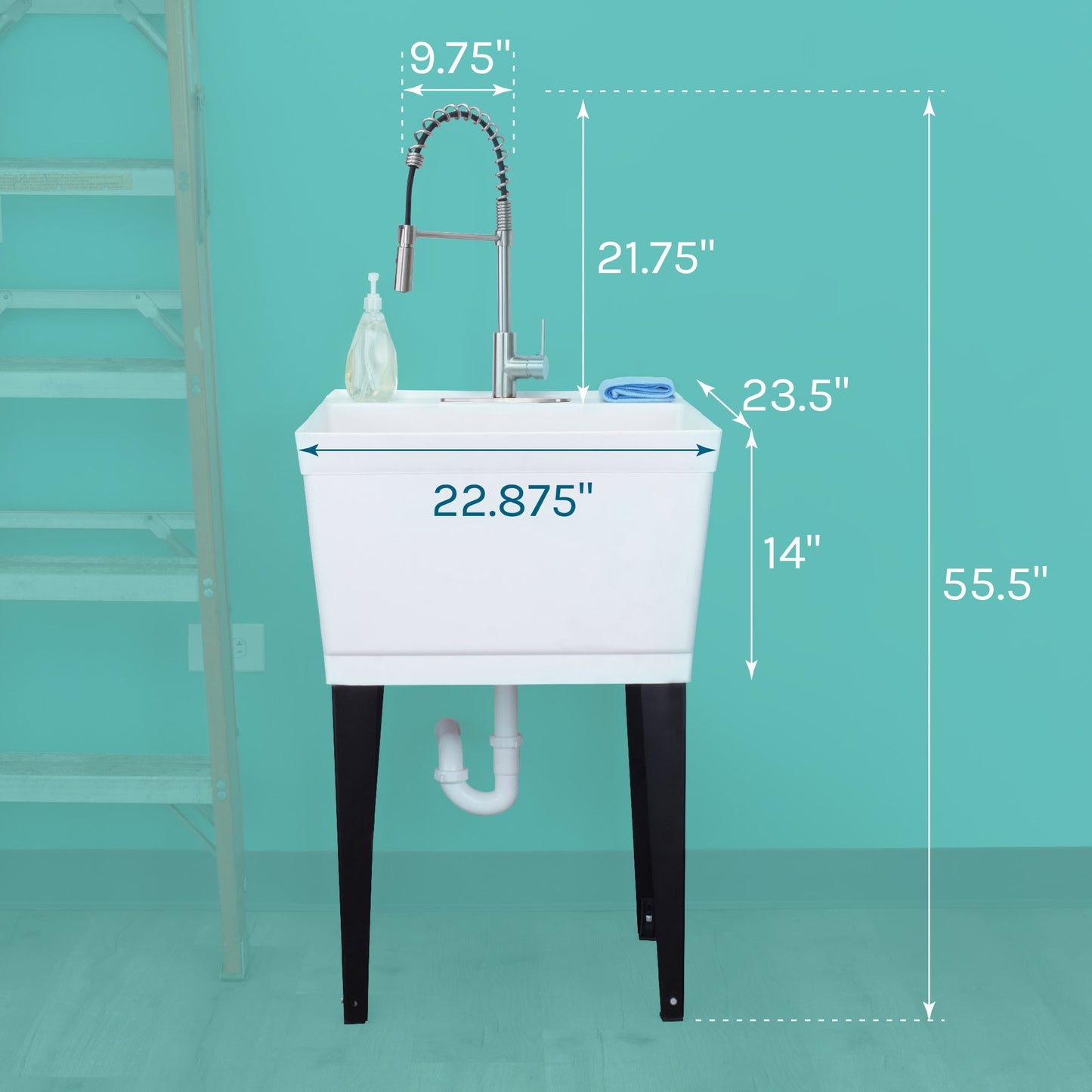 Tehila Standard Freestanding White Utility Sink with Stainless Steel Finish High-Arc Coil Pull-Down Faucet