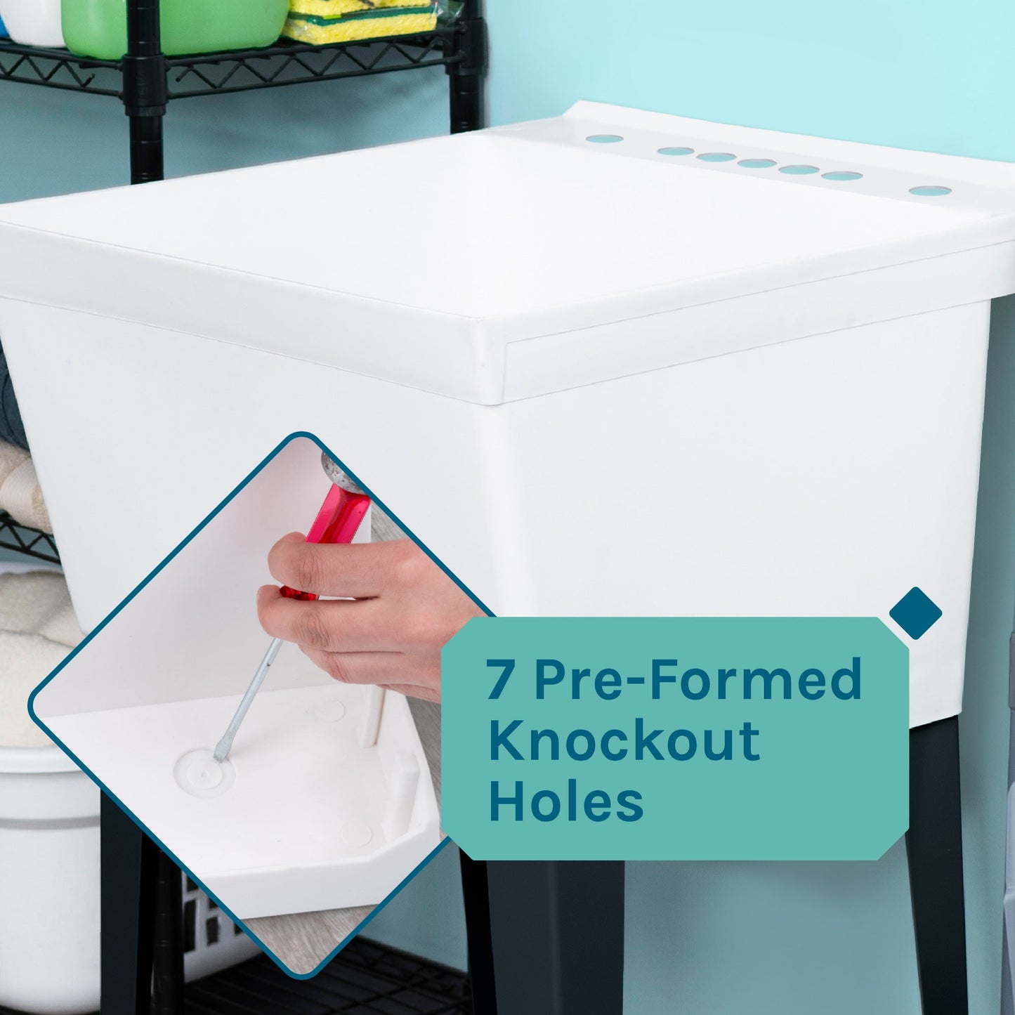 Tehila Standard Freestanding White Utility Sink with Stainless Steel Finish High-Arc Coil Pull-Down Faucet