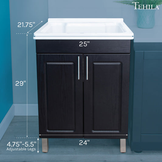 Tehila Black Vanity Cabinet and White Utility Sink, No Supply Lines, No Strainer Basket