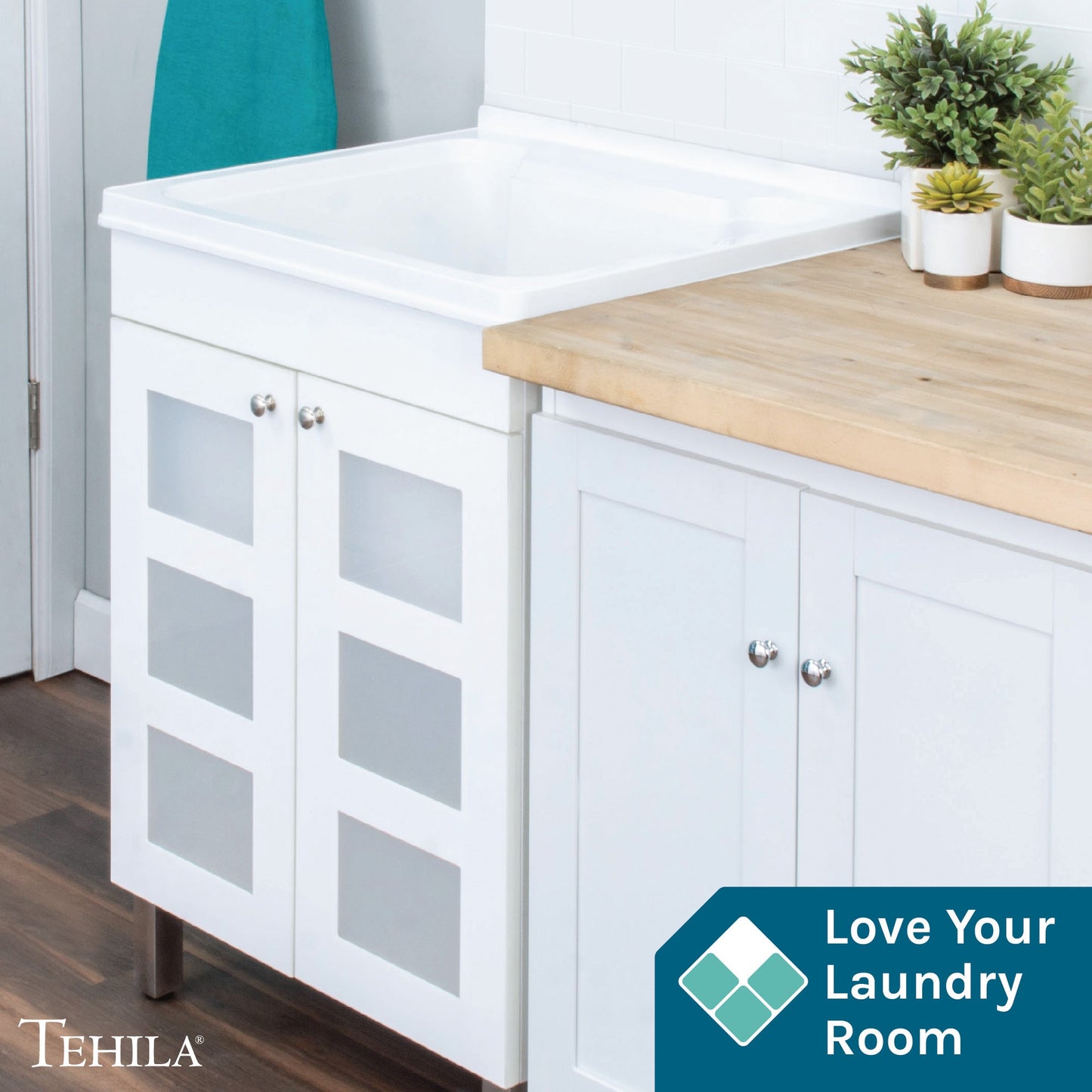 Tehila White Vanity Cabinet and White Utility Sink, No Supply Lines, No Strainer Basket