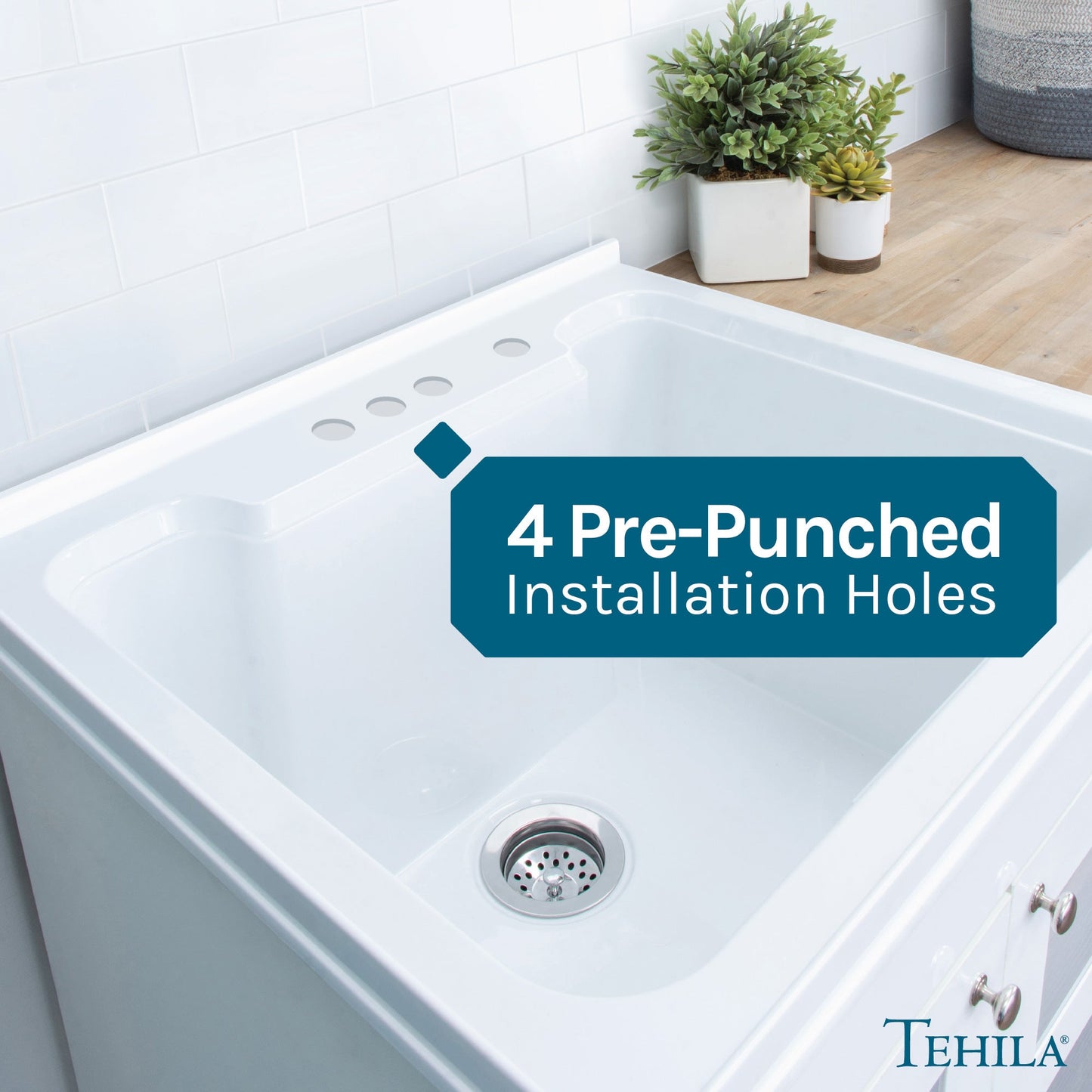 Tehila White Vanity Cabinet and White Utility Sink, No Supply Lines, No Strainer Basket