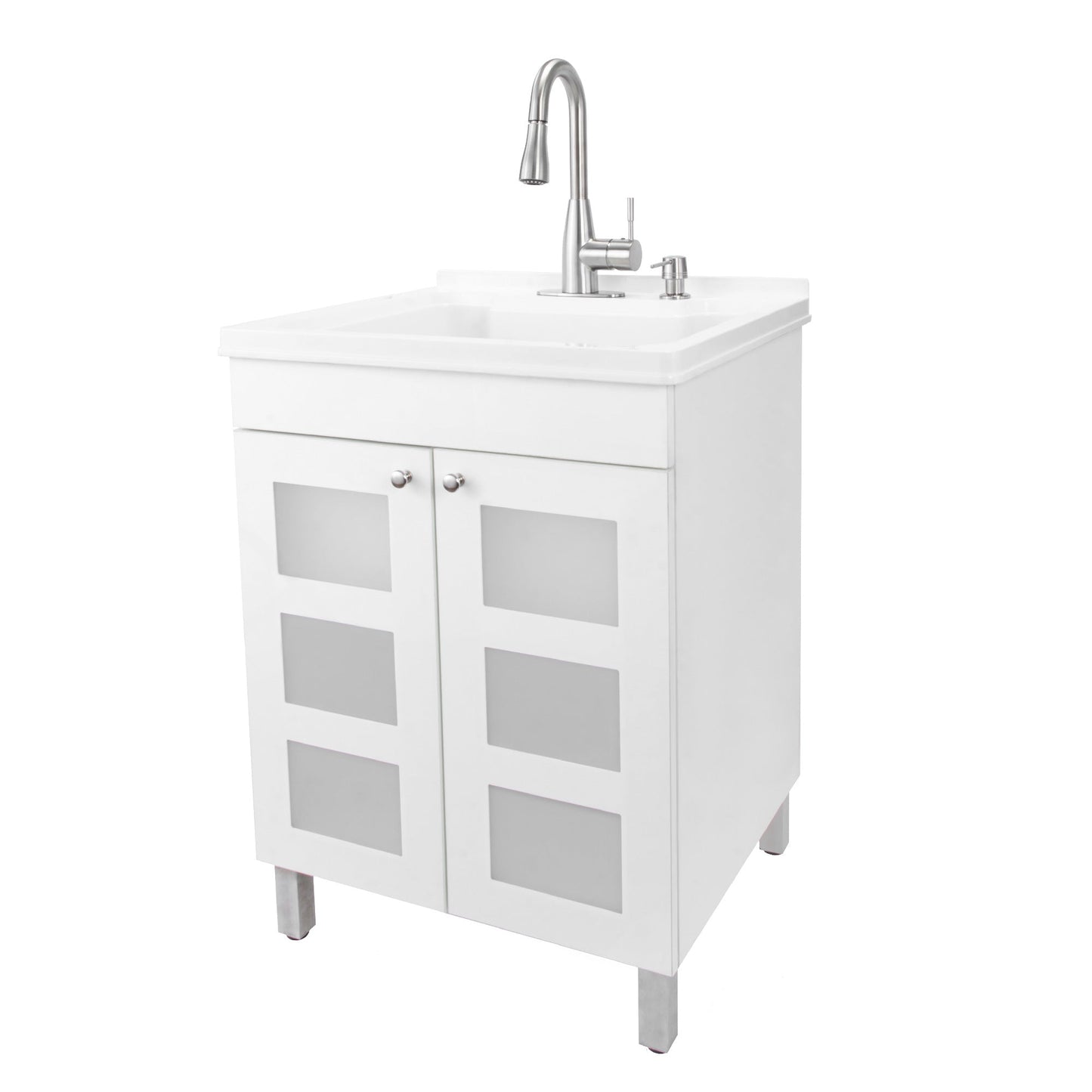 Tehila White Vanity Cabinet and White Utility Sink with Stainless Steel Finish Low-Profile Pull-Down Faucet