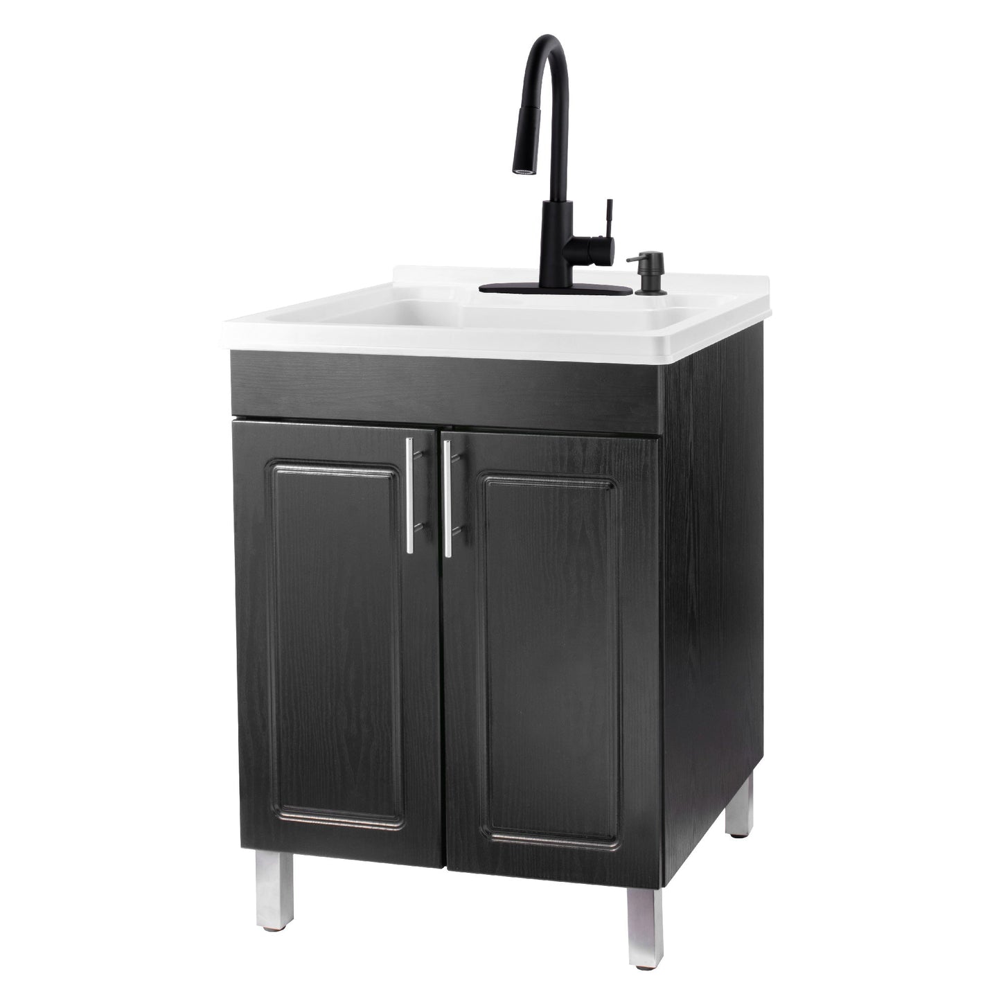 Tehila Black Vanity Cabinet and White Utility Sink with Black Finish High-Arc Pull-Down Faucet