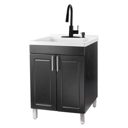 Tehila Black Vanity Cabinet and White Utility Sink with Black Finish High-Arc Pull-Down Faucet