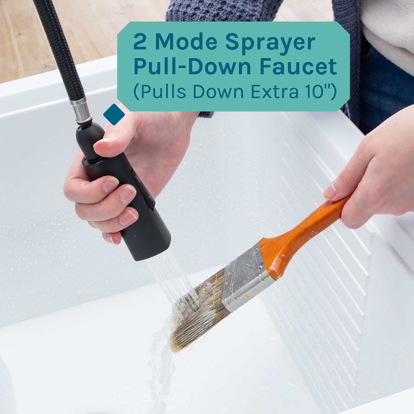 Tehila Black Vanity Cabinet and White Utility Sink with Black Finish High-Arc Pull-Down Faucet