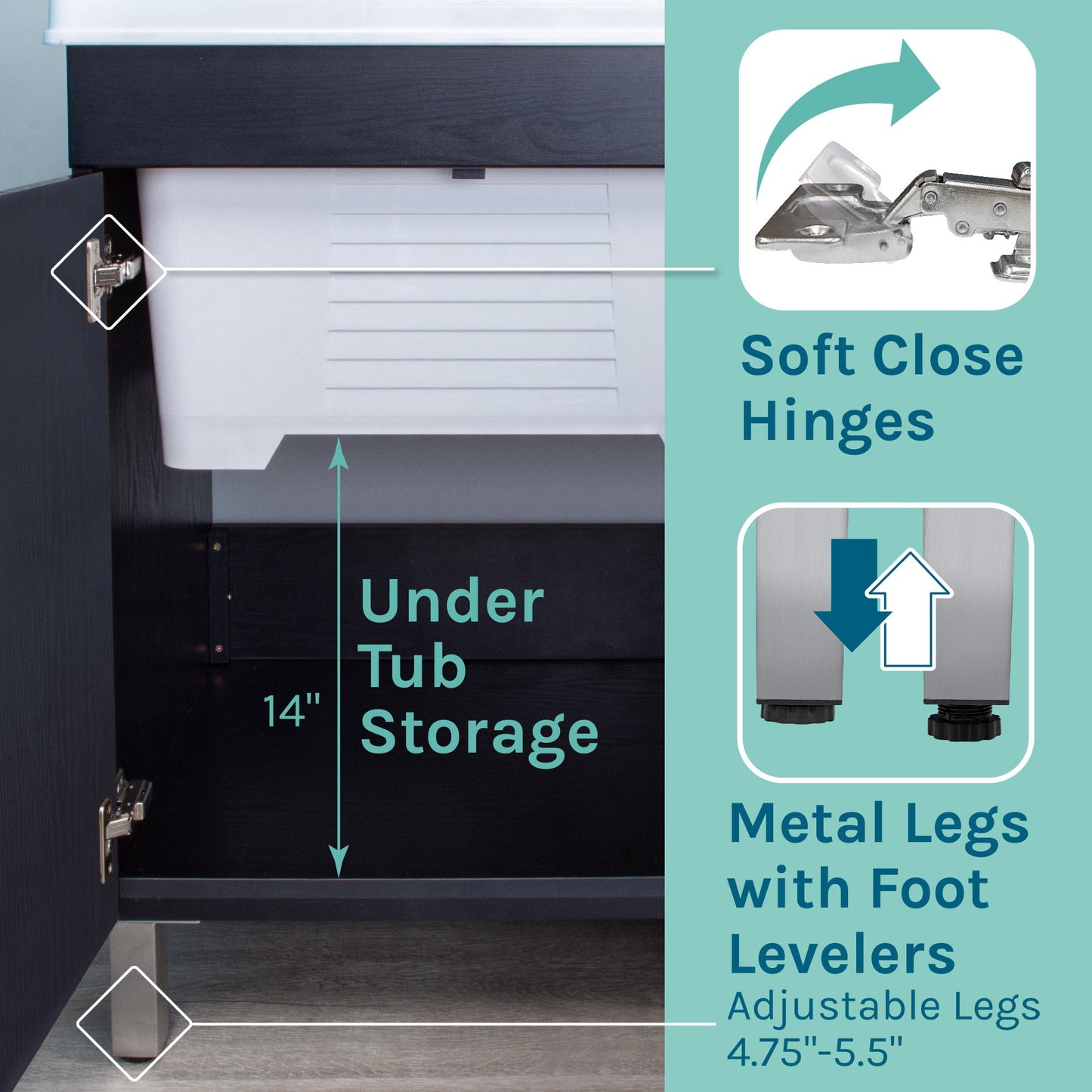 Tehila Black Vanity Cabinet and White Utility Sink with Black Finish Pull-Out Faucet