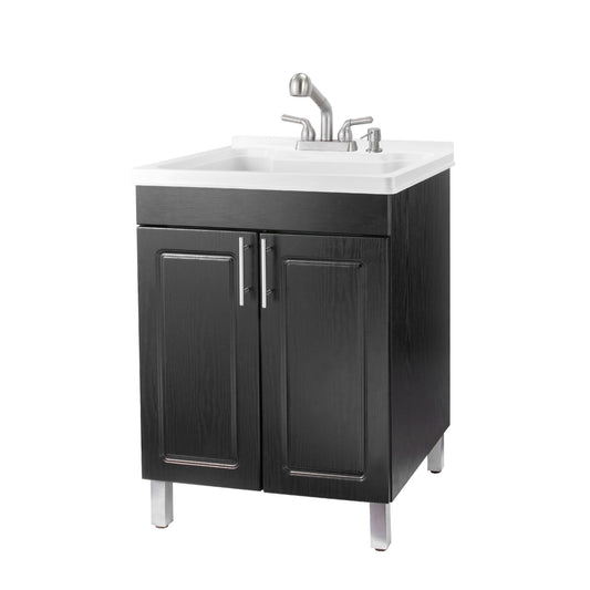 Tehila Black Vanity Cabinet and White Utility Sink with Stainless Steel Finish Pull-Out Faucet
