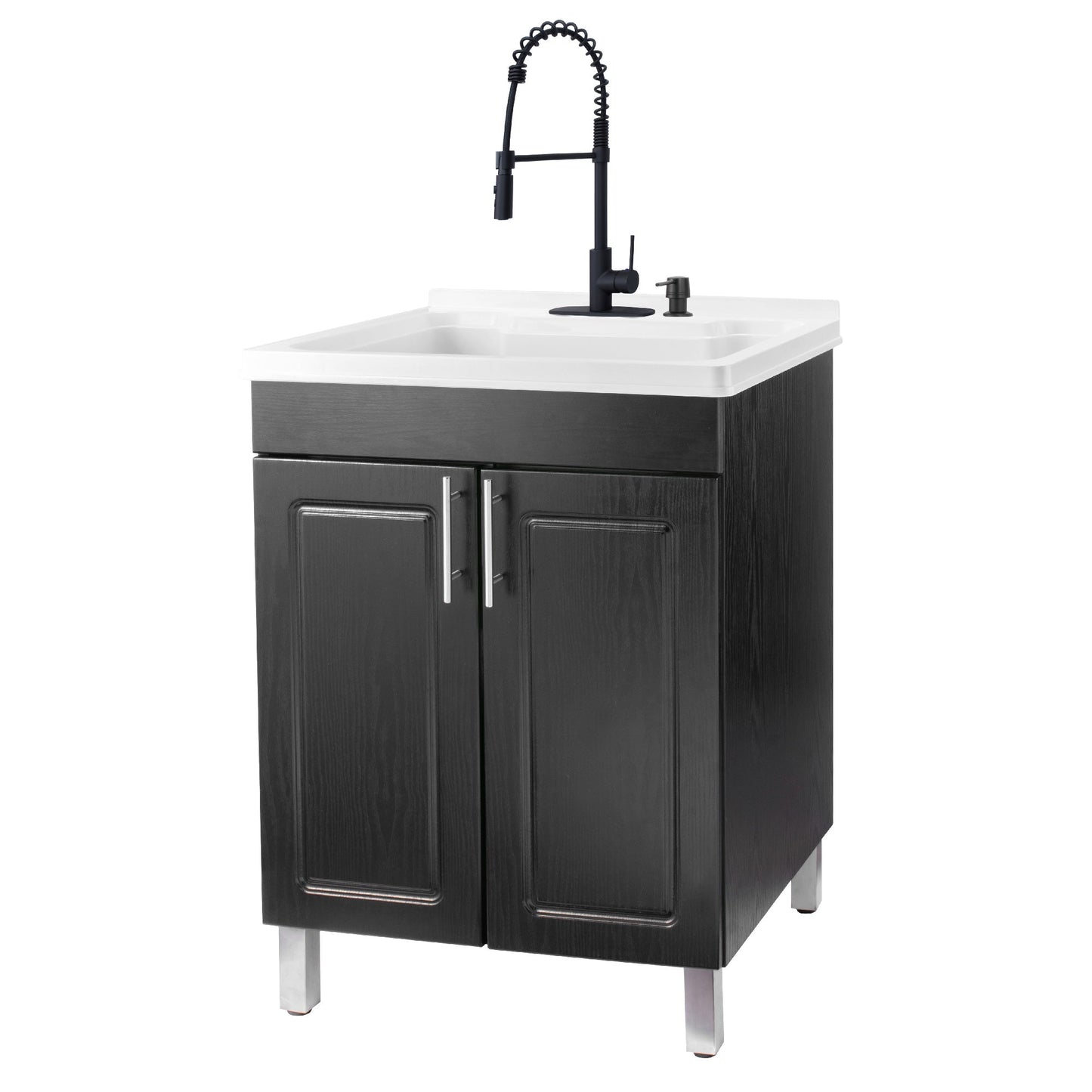 Tehila Black Vanity Cabinet and White Utility Sink with Black Finish High-Arc Coil Pull-Down Faucet