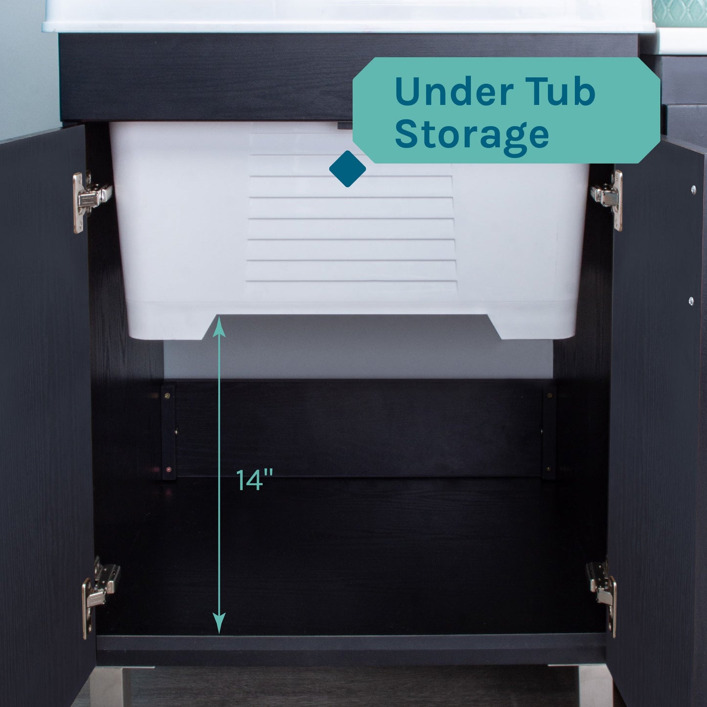 Tehila Black Vanity Cabinet and White Utility Sink with Black Finish High-Arc Coil Pull-Down Faucet