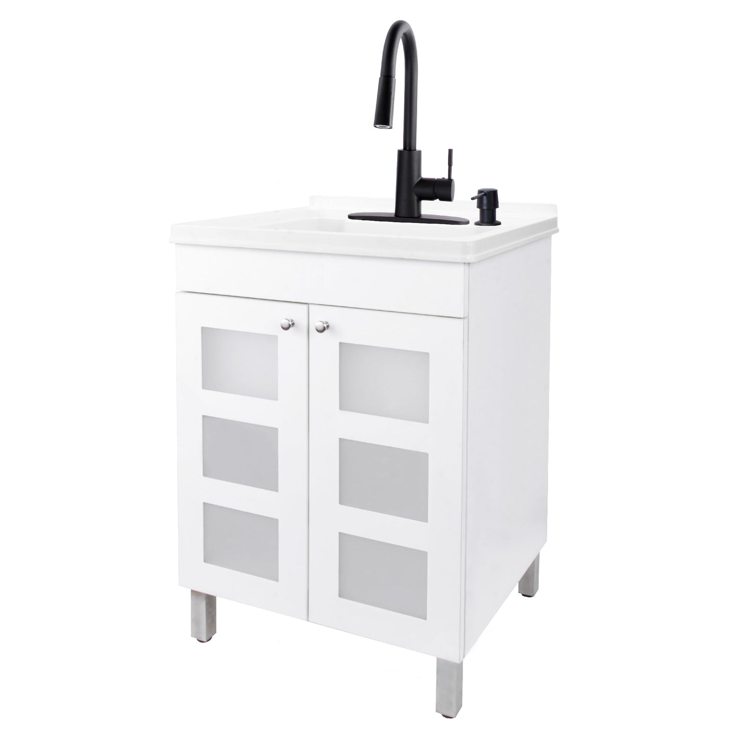 Tehila White Vanity Cabinet and White Utility Sink with Black Finish High-Arc Pull-Down Faucet