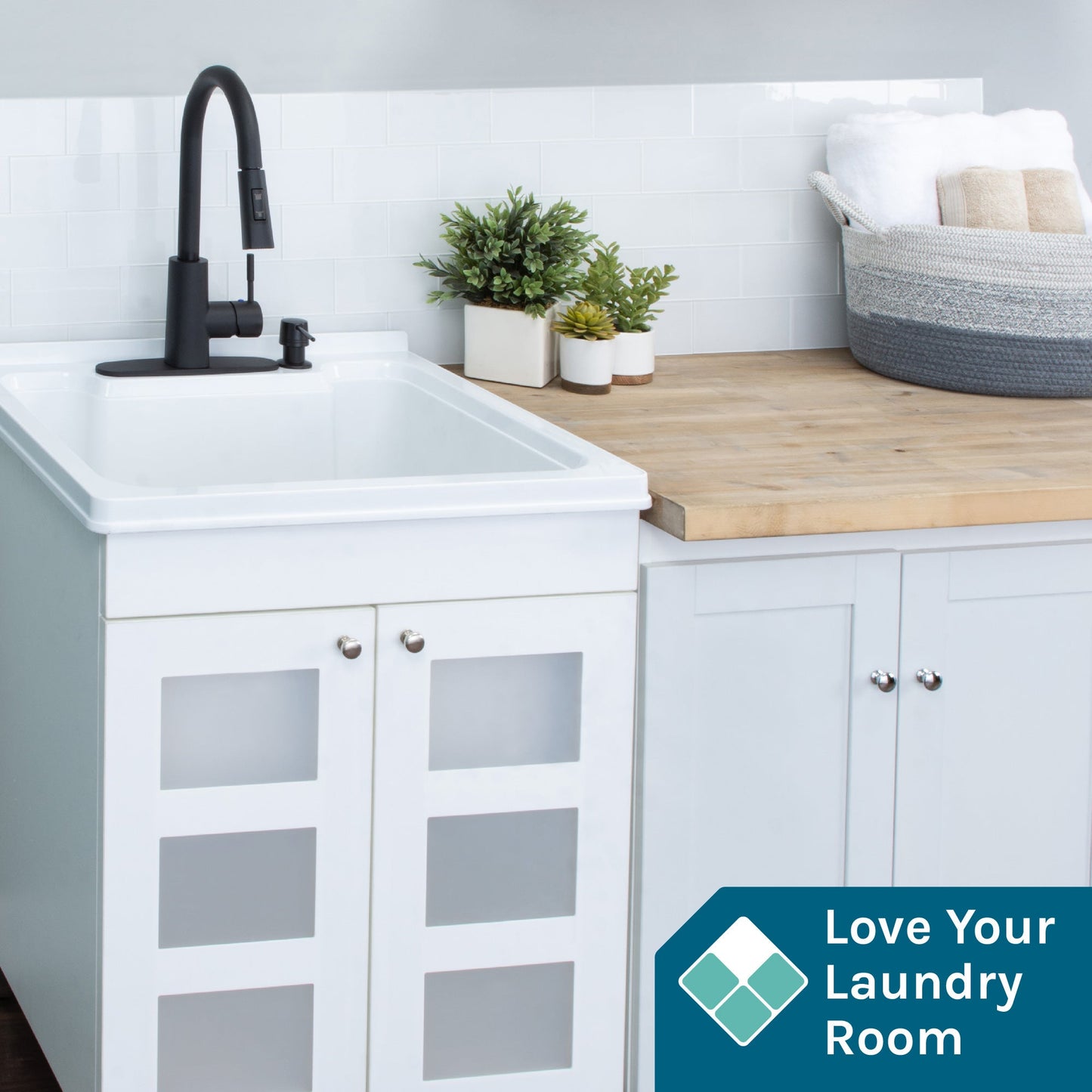 Tehila White Vanity Cabinet and White Utility Sink with Black Finish High-Arc Pull-Down Faucet