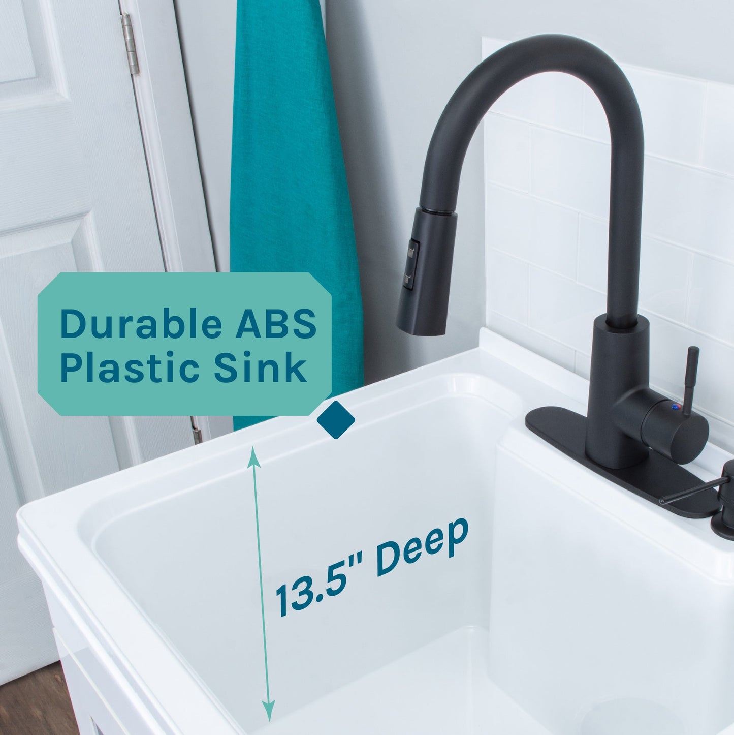 Tehila White Vanity Cabinet and White Utility Sink with Black Finish High-Arc Pull-Down Faucet