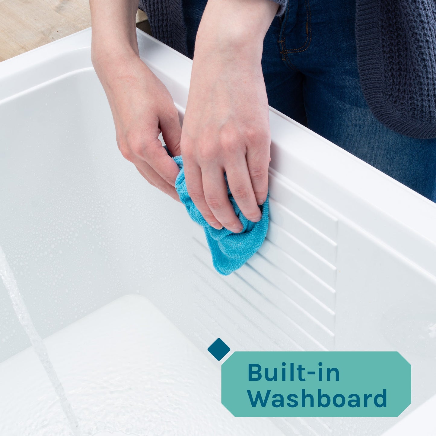 Tehila White Vanity Cabinet and White Utility Sink with Black Finish High-Arc Pull-Down Faucet