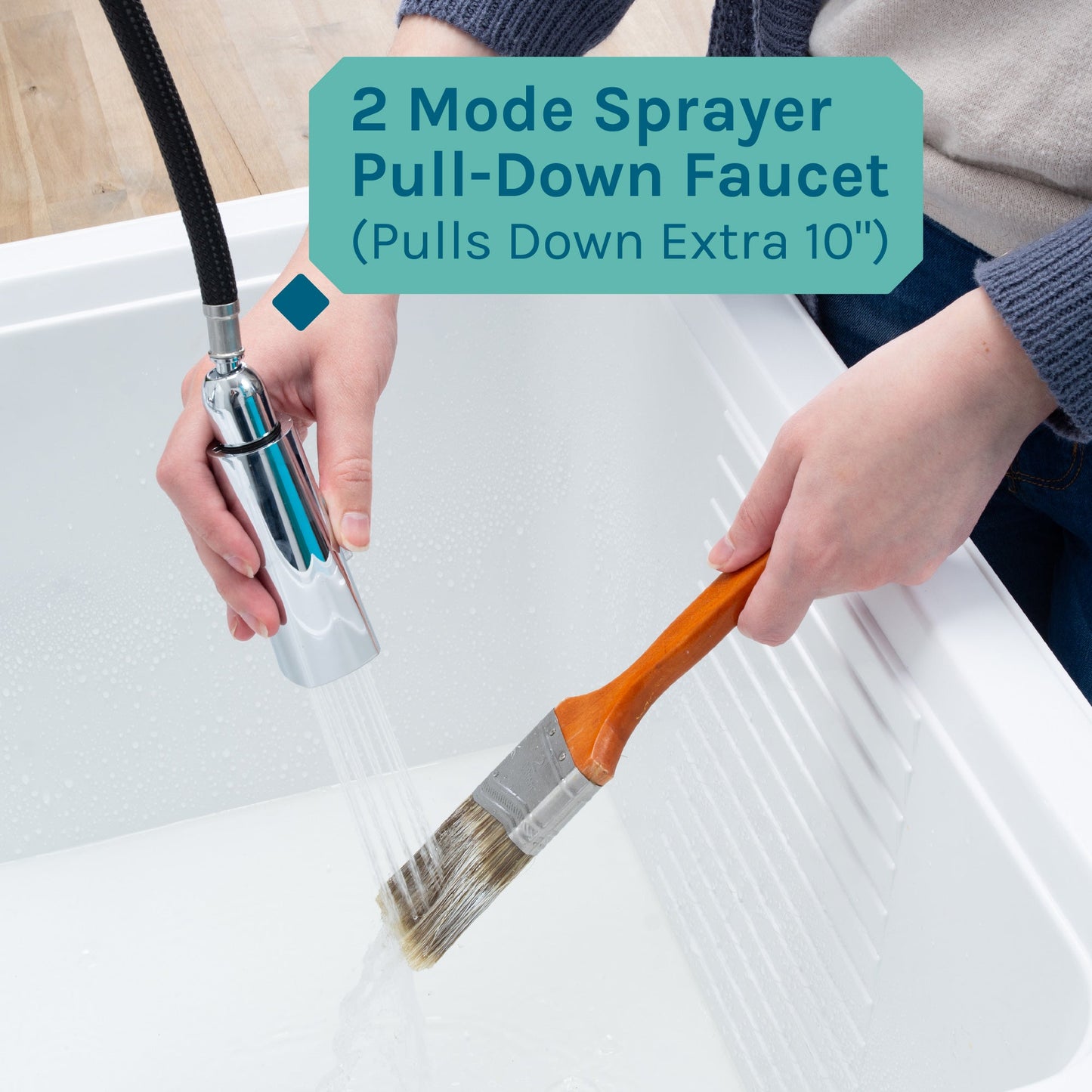 Tehila White Vanity Cabinet and White Utility Sink with Chrome Finish High-Arc Pull-Down Faucet