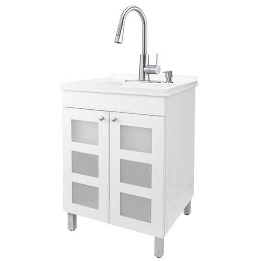 Tehila White Vanity Cabinet and White Utility Sink with Stainless Steel Finish High-Arc Pull-Down Faucet