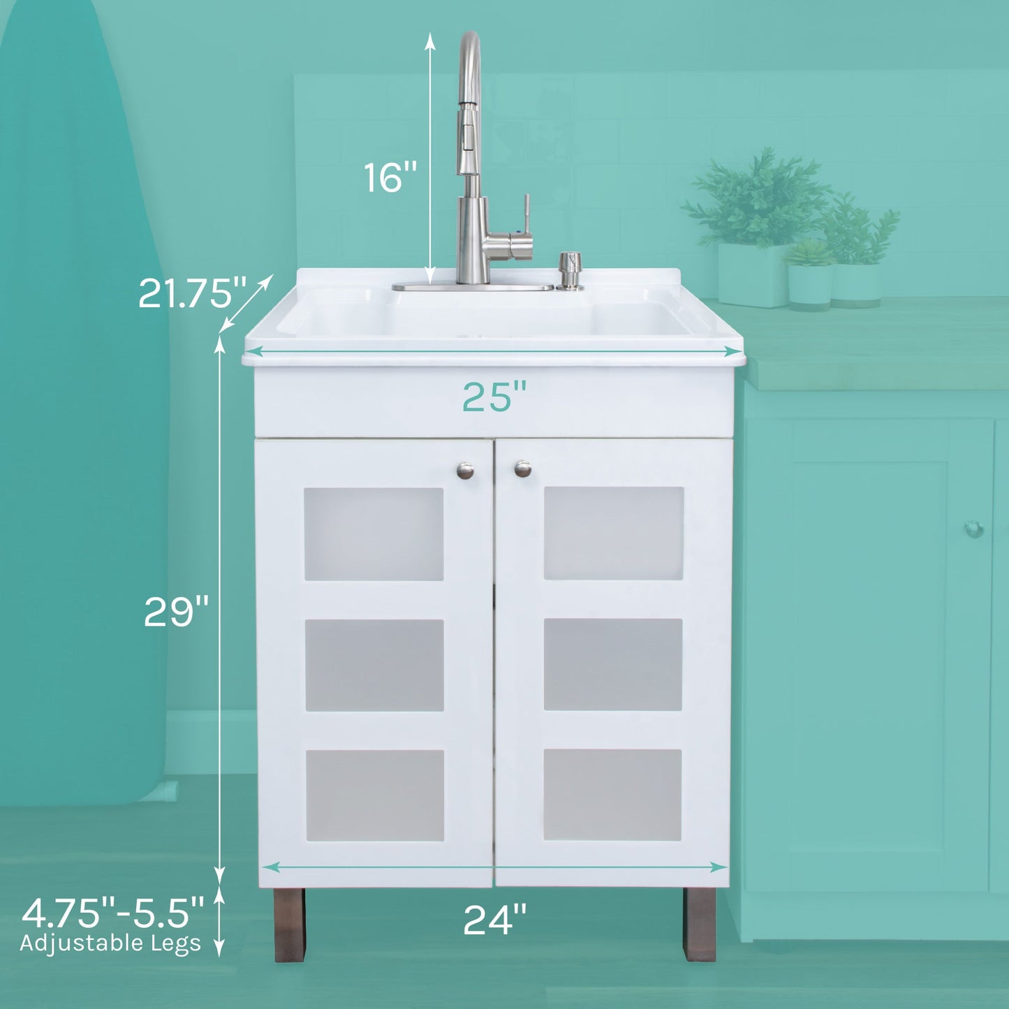 Tehila White Vanity Cabinet and White Utility Sink with Stainless Steel Finish High-Arc Pull-Down Faucet