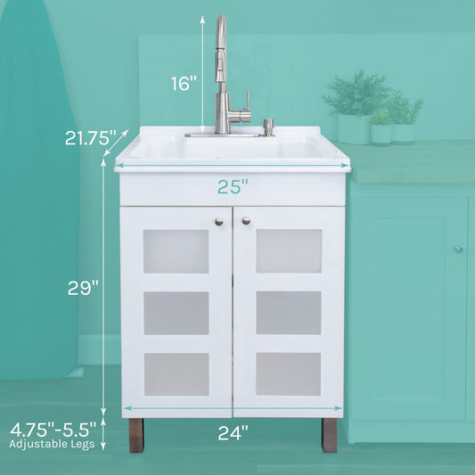 Tehila White Vanity Cabinet and White Utility Sink with Stainless Steel Finish High-Arc Pull-Down Faucet