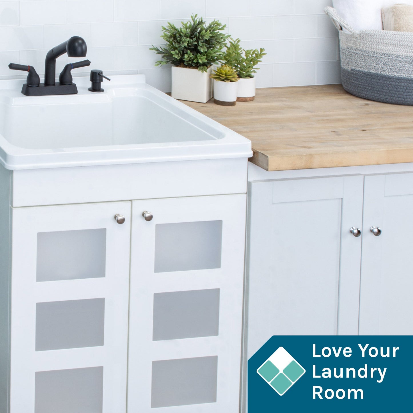 Tehila White Vanity Cabinet and White Utility Sink with Black Finish Pull-Out Faucet