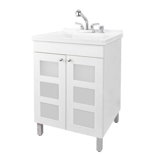 Tehila White Vanity Cabinet and White Utility Sink with Chrome Finish Pull-Out Faucet