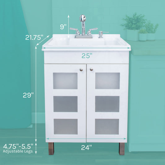 Tehila White Vanity Cabinet and White Utility Sink with Chrome Finish Pull-Out Faucet