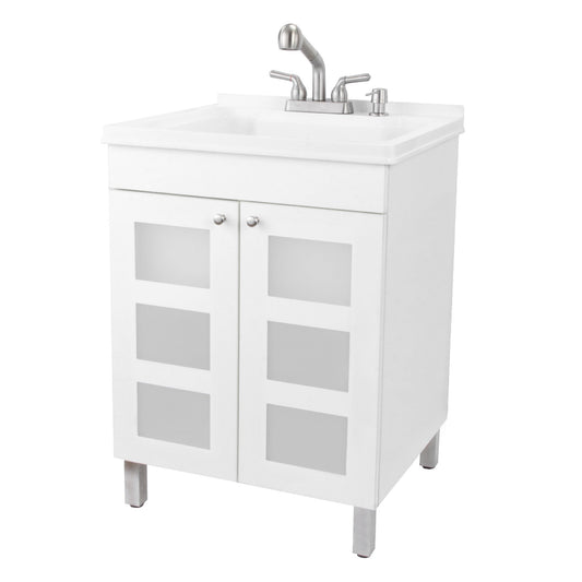 Tehila White Vanity Cabinet and White Utility Sink with Stainless Steel Finish Pull-Out Faucet