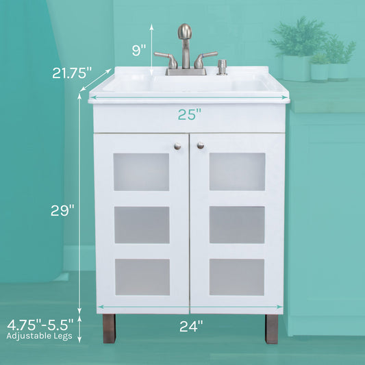 Tehila White Vanity Cabinet and White Utility Sink with Stainless Steel Finish Pull-Out Faucet