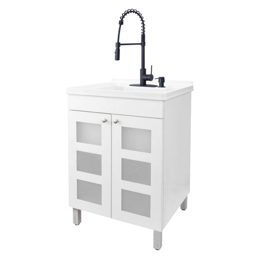 Tehila White Vanity Cabinet and White Utility Sink with Black Finish High-Arc Coil Pull-Down Faucet