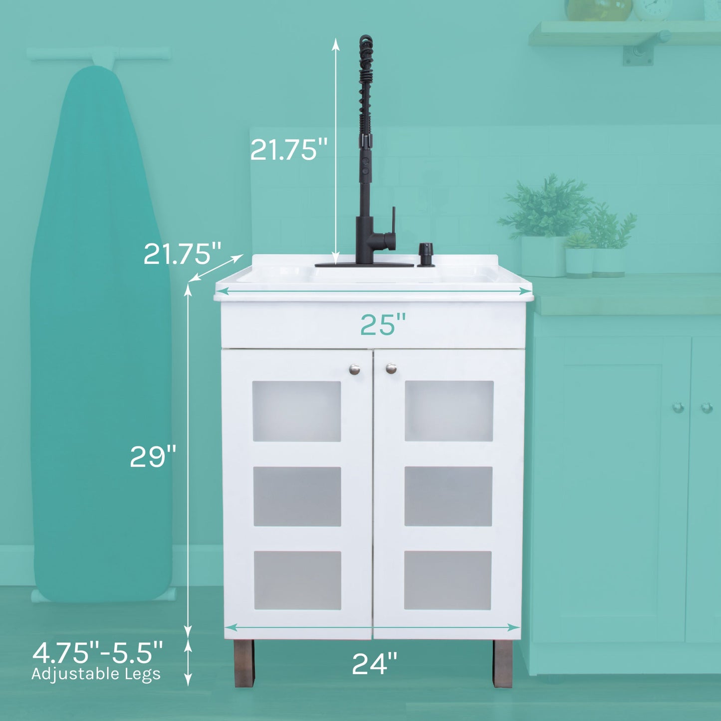 Tehila White Vanity Cabinet and White Utility Sink with Black Finish High-Arc Coil Pull-Down Faucet