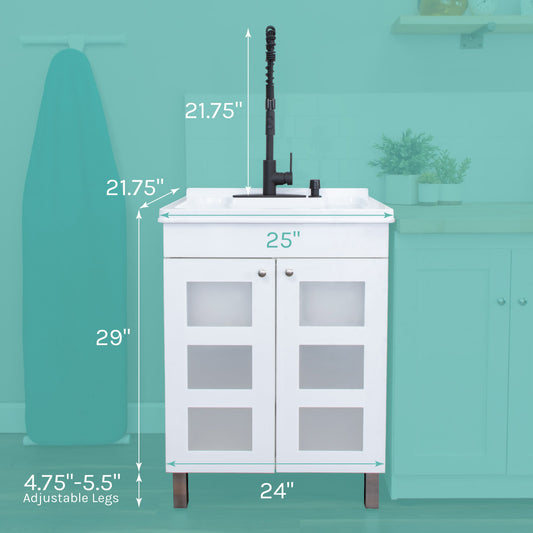 Tehila White Vanity Cabinet and White Utility Sink with Black Finish High-Arc Coil Pull-Down Faucet