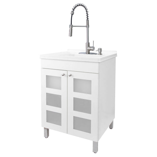 Tehila White Vanity Cabinet and White Utility Sink with Stainless Steel Finish High-Arc Coil Pull-Down Faucet