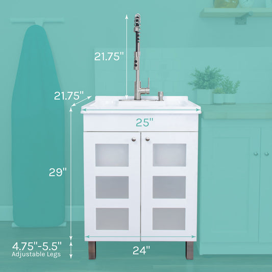 Tehila White Vanity Cabinet and White Utility Sink with Stainless Steel Finish High-Arc Coil Pull-Down Faucet