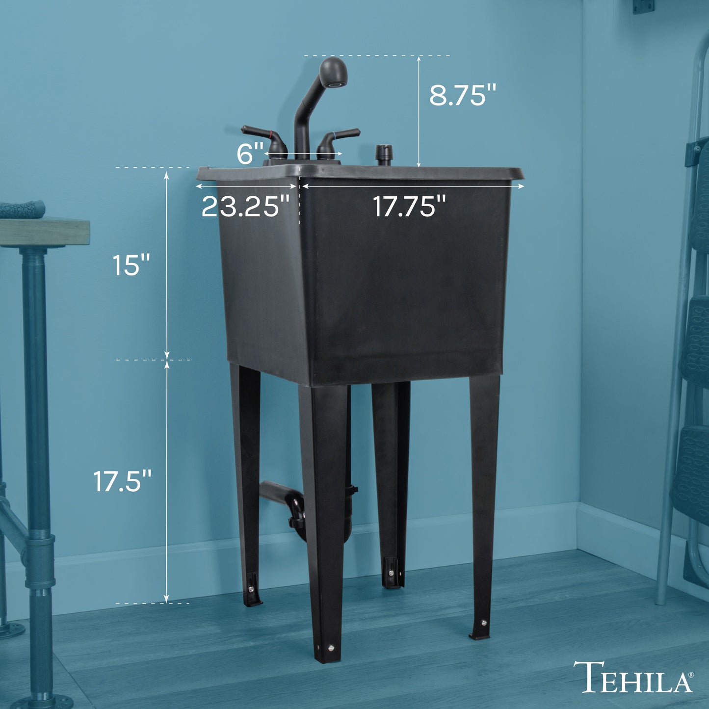 Tehila Space Saver Freestanding Black Utility Sink with Black Finish Pull-Out Faucet