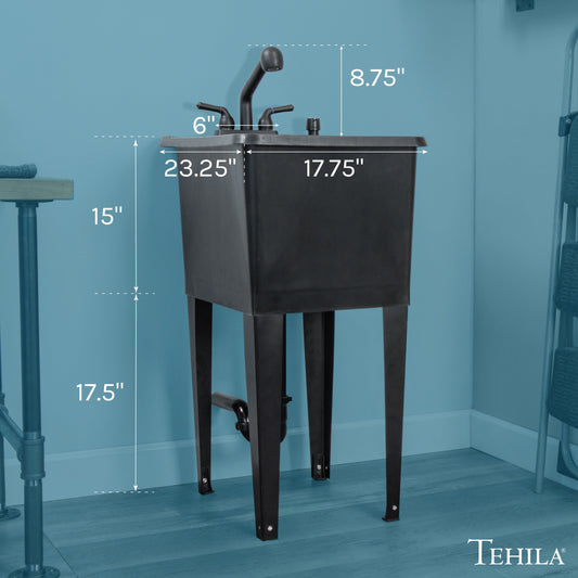 Tehila Space Saver Freestanding Black Utility Sink with Black Finish Pull-Out Faucet