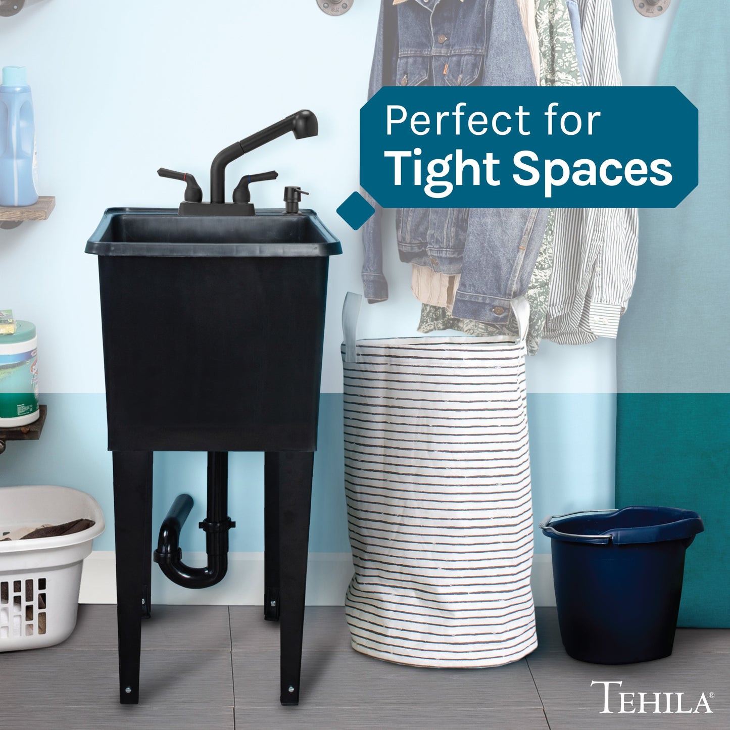 Tehila Space Saver Freestanding Black Utility Sink with Black Finish Pull-Out Faucet