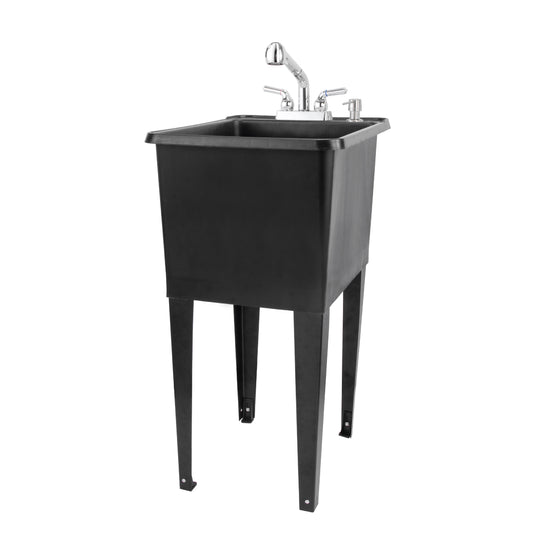 Tehila Space Saver Freestanding Black Utility Sink with Chrome Finish Pull-Out Faucet