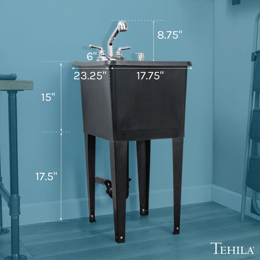 Tehila Space Saver Freestanding Black Utility Sink with Chrome Finish Pull-Out Faucet