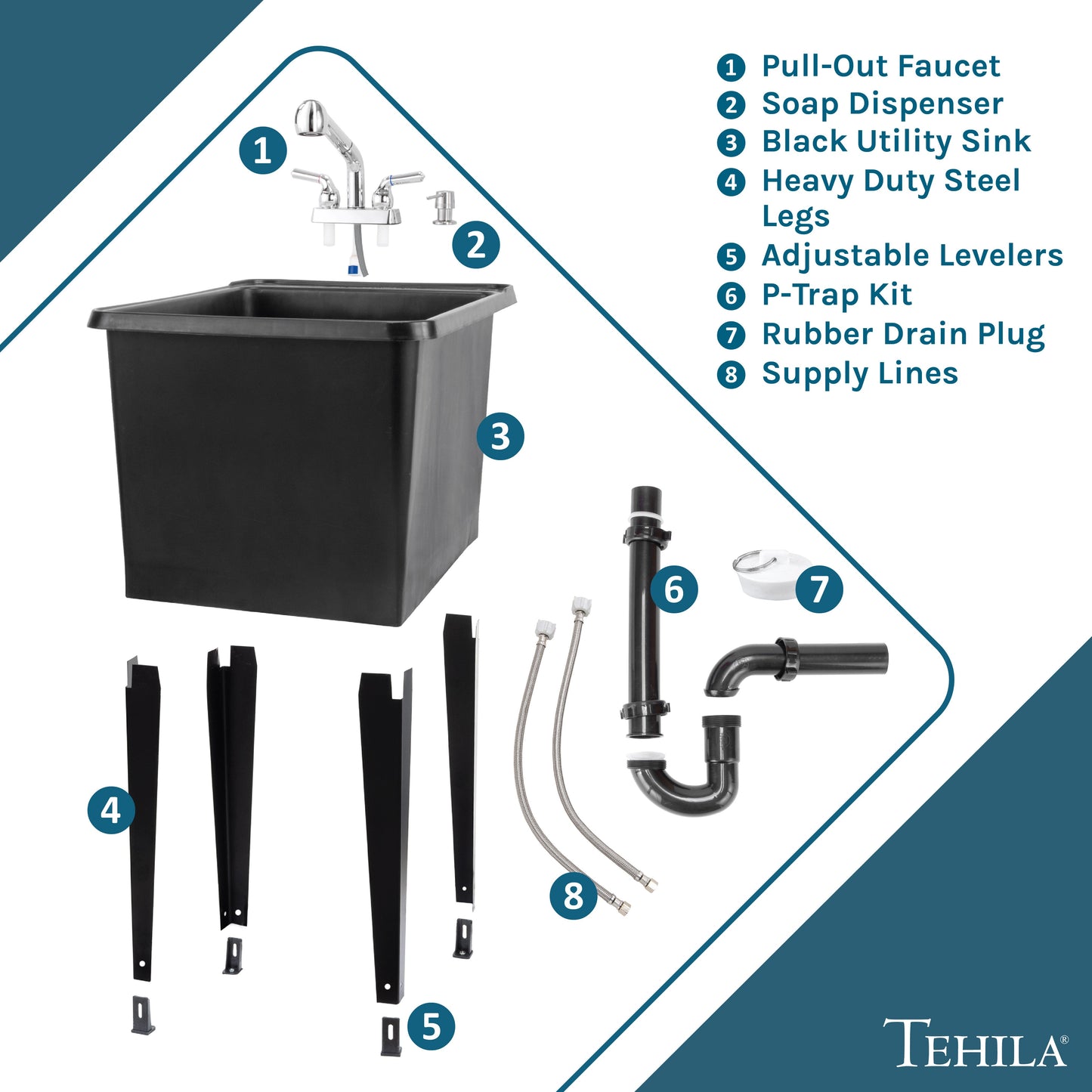 Tehila Space Saver Freestanding Black Utility Sink with Chrome Finish Pull-Out Faucet