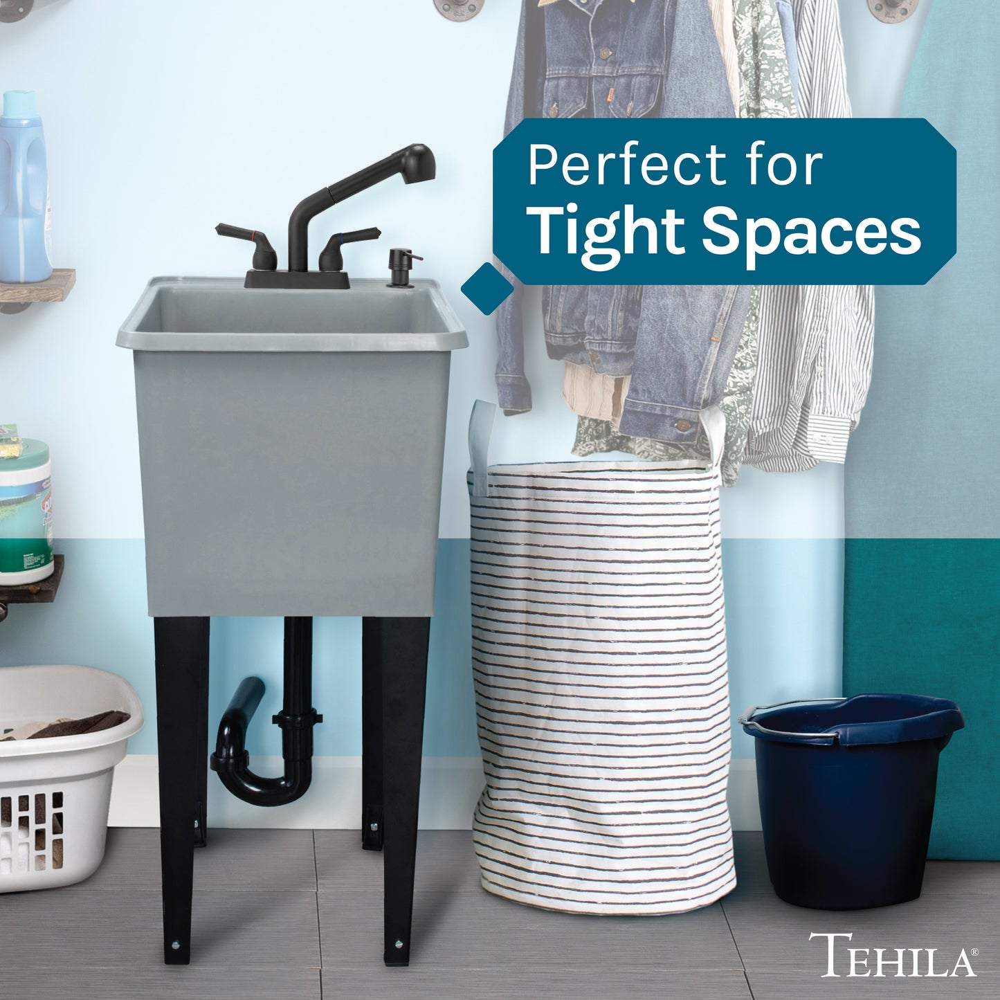 Tehila Space Saver Freestanding Grey Utility Sink with Black Finish Pull-Out Faucet