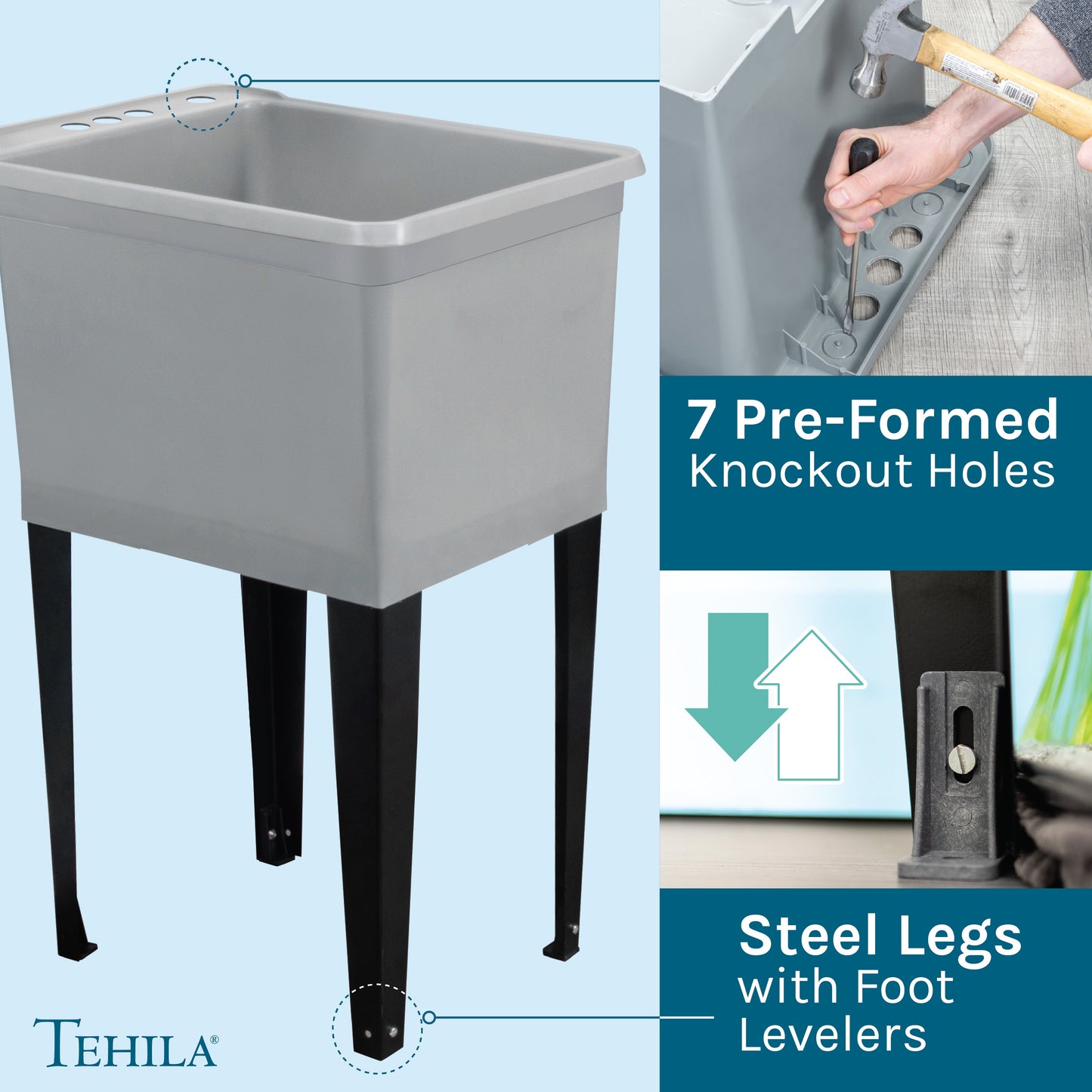 Tehila Space Saver Freestanding Grey Utility Sink with Black Finish Pull-Out Faucet