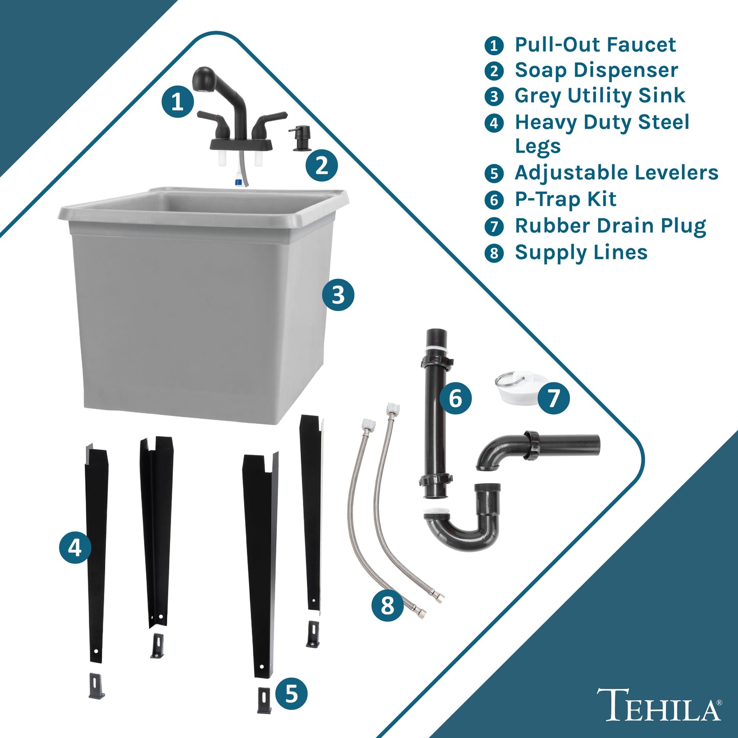 Tehila Space Saver Freestanding Grey Utility Sink with Black Finish Pull-Out Faucet